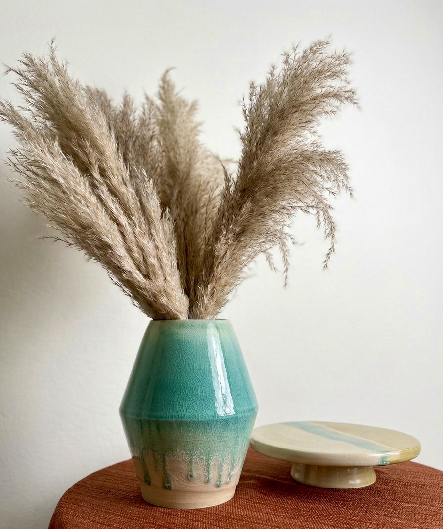 Angular vase in turquoise crackle glaze holding pampas grass, beside a cake stand
